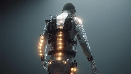 Futuristic medical exoskeleton with glowing support points is assisting a patient in rehabilitation. Showcasing advancements in medical technology and offering a glimpse into the future of healthcare