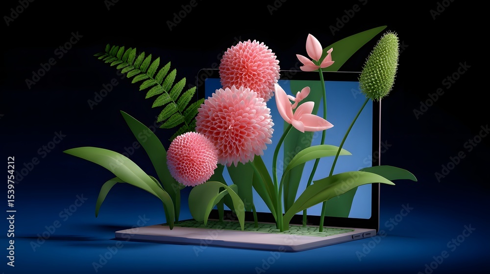 Poster surreal digital composition with vibrant pink flowers and lush green foliage emerging from a compute