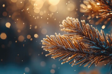 Frost-covered pine needles glisten in the soft golden light of a winter sunset, snowflakes falling gently.