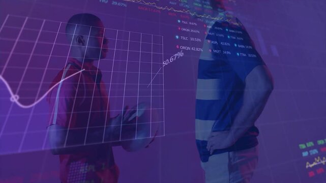 Coach facing player holding football, grid appearing, graph animating with % labels for sports data - Powered by Adobe