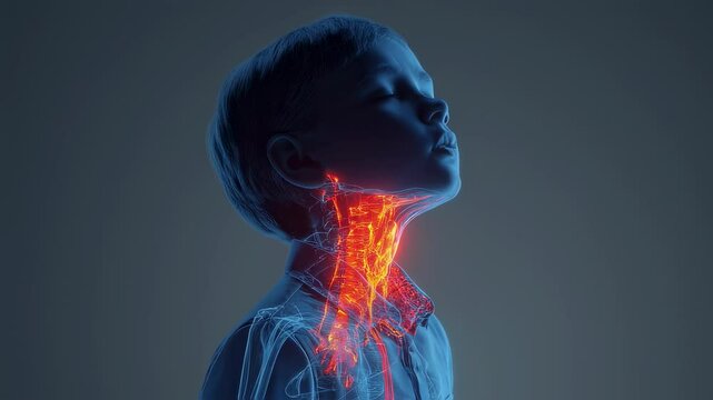 Medical visualization of a child experiencing a food allergy reaction, highlighting inflammation and constriction in the throat and airway, emphasizing the potential dangers of allergic reactions