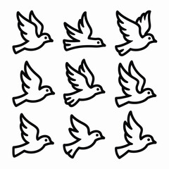 Nine Black Outline Doves Flying In Formation Vector Graphic bird birds