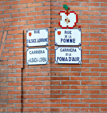 Street signs in French and Occitan on a brick wall at a street corner in Toulouse, France