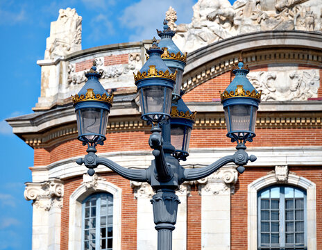  Historic five-armed street lamp on the Place du Capitole in Toulouse, France