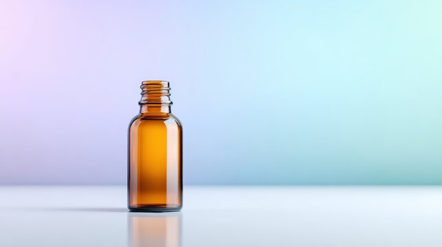 Amber glass bottle stands elegantly on a reflective surface against a soft gradient background, showcasing its sleek design and versatility for various product applications and branding opportunities - Powered by Adobe