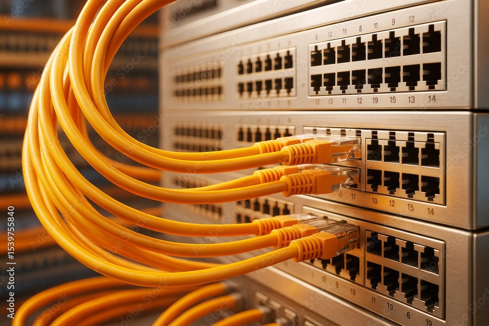 Poster close-up of yellow network cables connected to server ports in data center with blurred background a