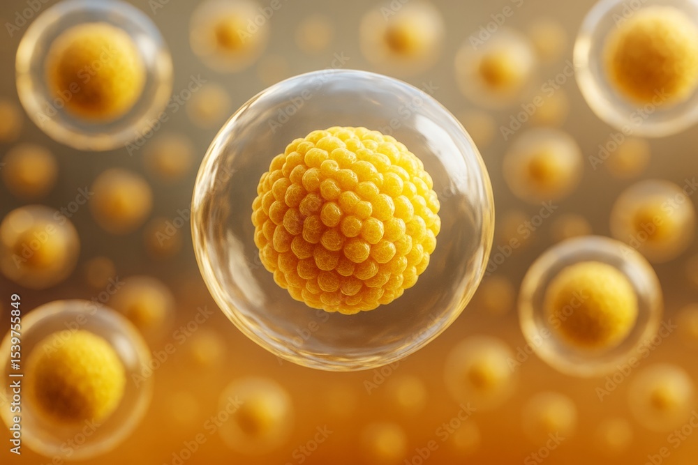 Poster Close-up of abstract biological cells with yellow clustered cores suspended in transparent spheres on a warm scientific background conceptually creative light style.