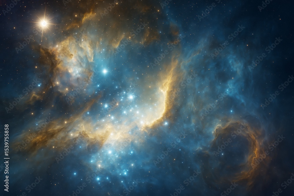 Poster glowing stars and cosmic dust clouds in deep space form a vibrant abstract nebula on a dark blue gal