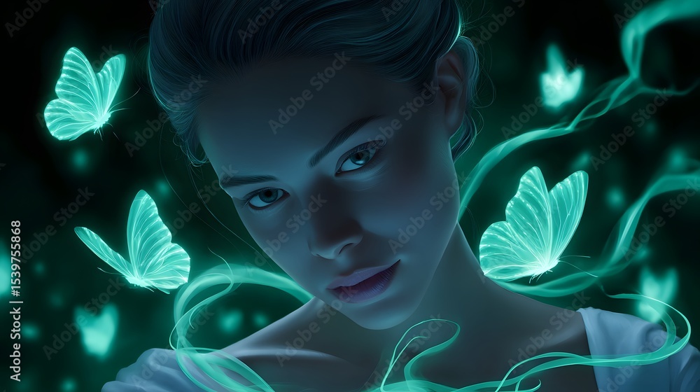 Aufkleber a woman with an enchanting, ethereal expression is enveloped by a swirling vortex of luminous green 