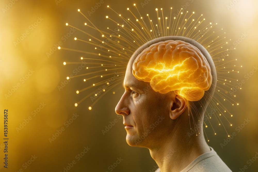 Poster conceptual image of human brain activity and neural connections with glowing light effects on golden