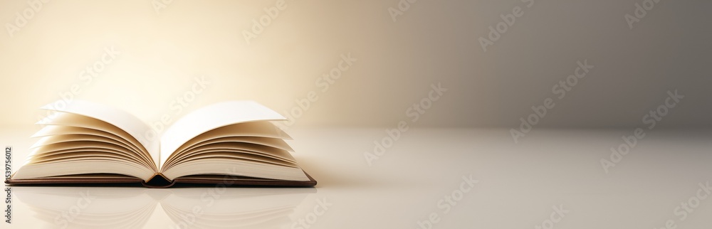 Poster open book with curved pages on glossy surface and soft gradient background in warm light, suitable f