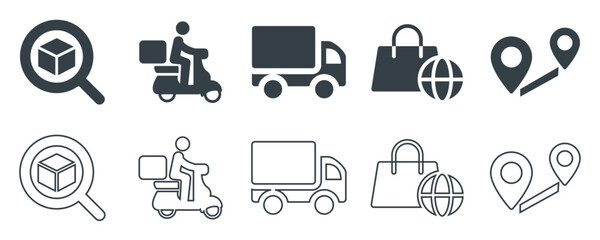 Delivery and Logistics Icons Set – Package, Scooter, Truck, GPS – Solid and Outline Style – Vector EPS
