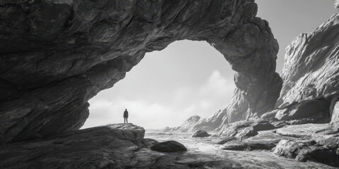 Fototapeta premium Solitary Person in Monochrome Landscape Seen Through Rock Arch