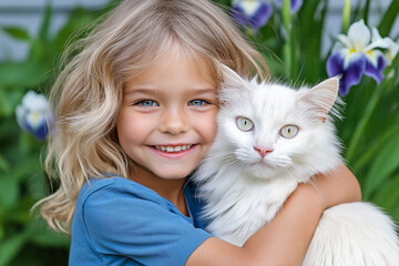 Girl happy smiling 5-7 years old hugs a white cat in the garden