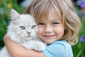 Girl happy smiling 5-7 years old hugs a white cat in the garden