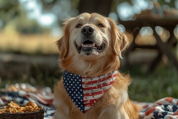 A golden retriever sitting next to a picnic blanket, wearing an American flag bandana, looking excited for food