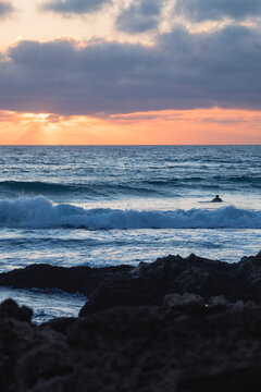 Surfer waiting for waves at sunset in sagres, portugal