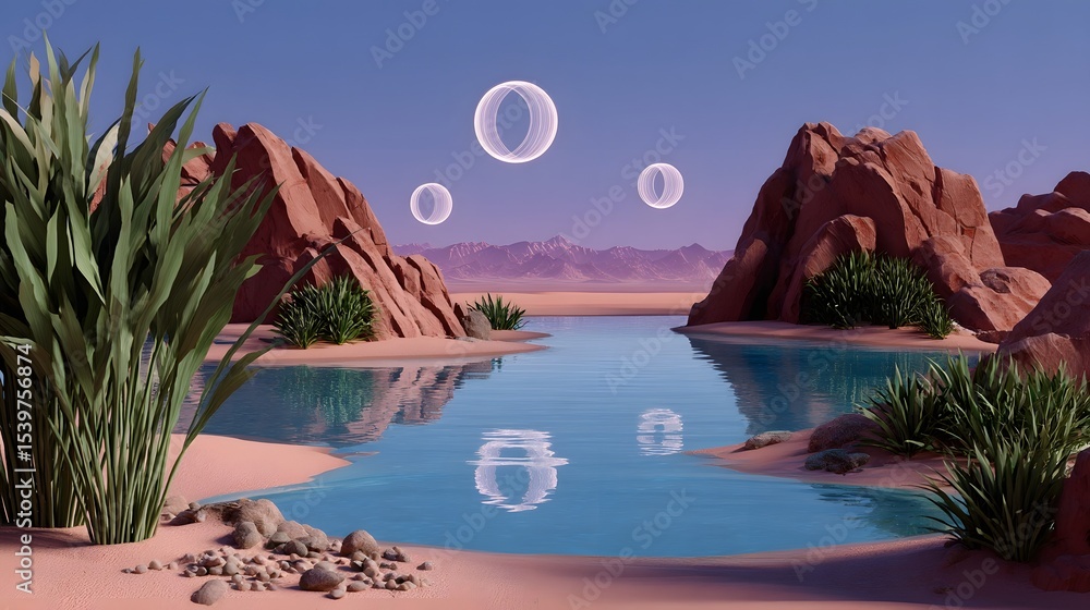 Poster a serene and tranquil desert oasis scene featuring floating geometric shapes reflected in a calm poo