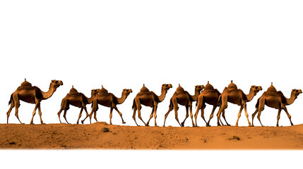 Naklejka premium Caravan of camels traversing a sandy desert landscape under a bright sun.