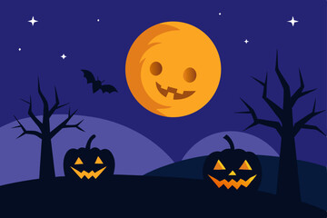 Fototapeta premium Spooky Halloween night background with silhouetted pumpkins, bats, and a full moon, perfect for a dark autumn holiday illustration
