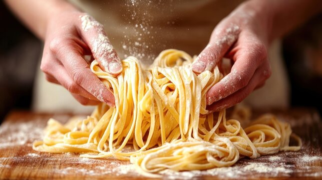 Close-up of hands kneading pasta dough on a wooden board, with the texture of the dough and the flour on the hands captured in fine detail, while the dough becomes smooth and elastic. - Powered by Adobe