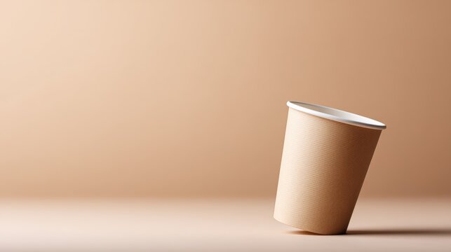 Brown paper cup leaning on a smooth surface, showcasing a minimalist design against a soft beige background, ideal for branding or product mockup with copy space for text placement