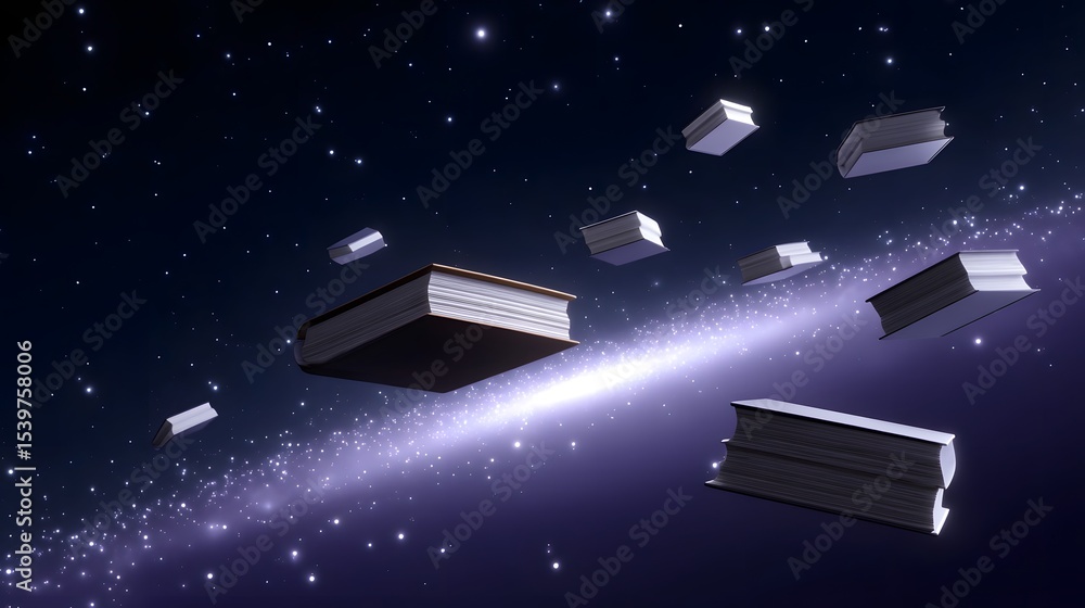 Poster enchanting image of floating books suspended in a vast, starry galaxy, symbolizing the boundless exp