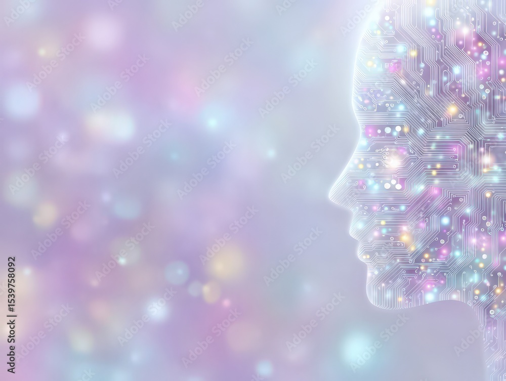 Poster profile silhouette of a human head filled with intricate circuit board designs surrounded by shimmer