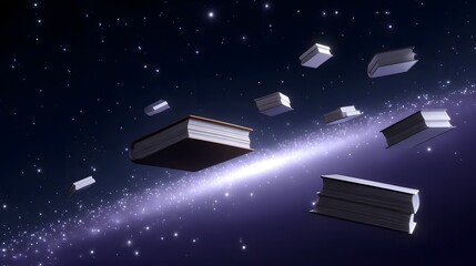 Enchanting image of floating books suspended in a vast, starry galaxy, symbolizing the boundless expanse of knowledge and discovery beyond the confines of our world.