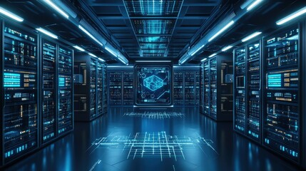 A Futuristic Server Room With Bright Blue Lighting Elements