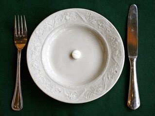 Silver fork and knife are on a plate with a pill in the middle