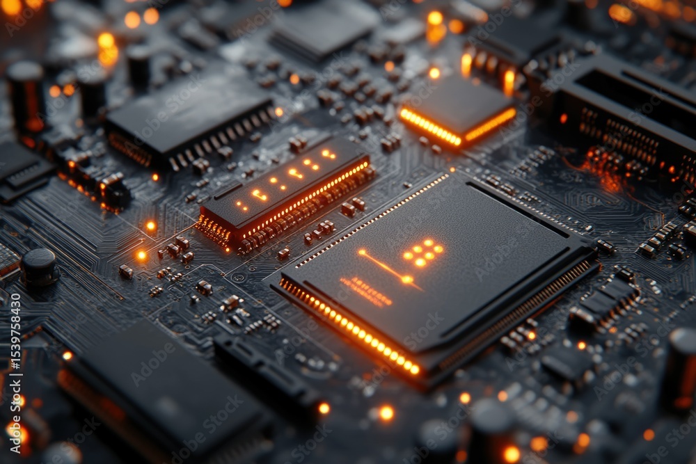 Poster close-up of a circuit board showcasing intricate electronic components and glowing connections.