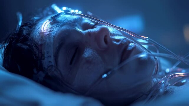 Patient in medical coma lying on hospital bed, connected to sensors and monitoring equipment, representing critical healthcare intervention and life support