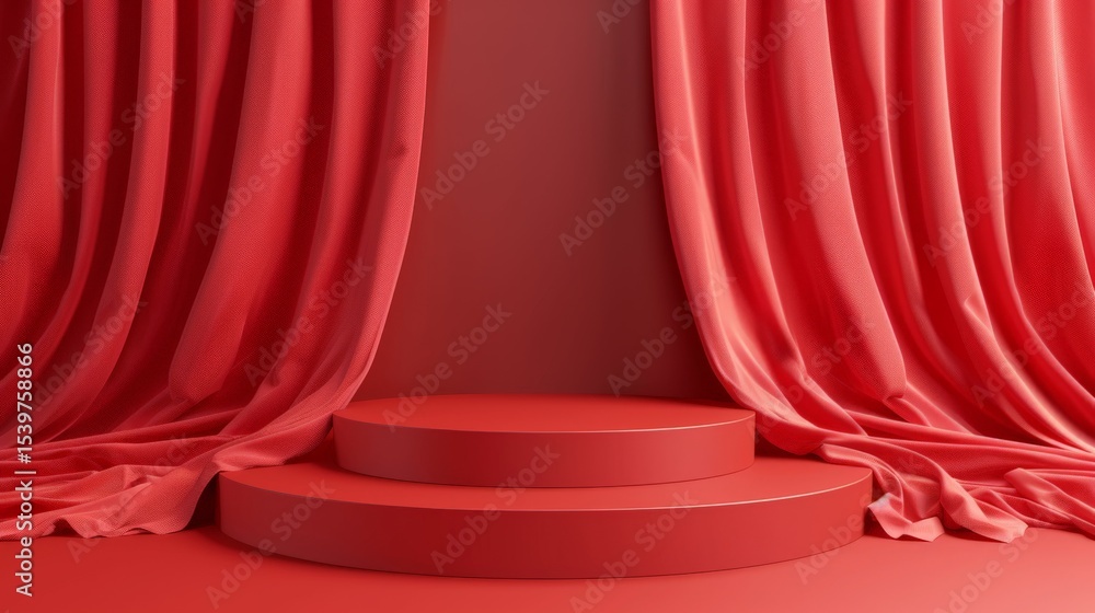 Poster elegant red draped curtains frame a two-tiered product display platform for showcase or presentation