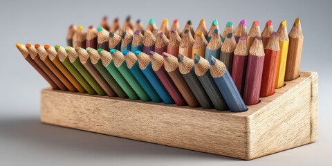 Colored Pencils in Wooden Holder on Beige Background