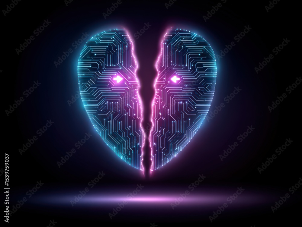 Aufkleber digital heart split apart revealing neon circuitry representing the intertwining of technology and e