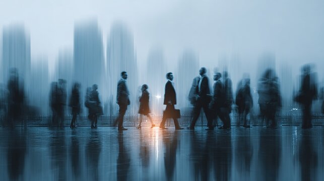 Generative AI. motion blur image of business people crowd walking at corporate office in city downtown, blurred background, business center concept, white color tone. High quality