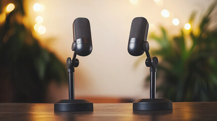 podcast setup with two microphones one opposite to the other, minimal look.