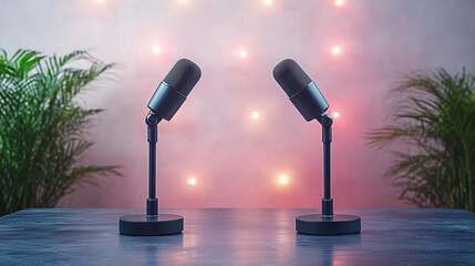 podcast setup with two microphones one opposite to the other, minimal look.