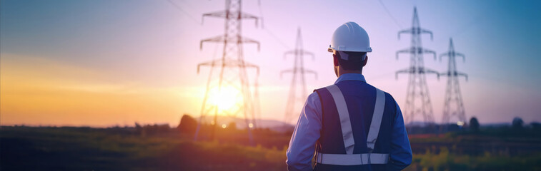 Engineer standing at high voltage transmission power station.