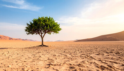 Lone dry tree in barren desert landscape with vast, arid terrain under a clear sky, symbolizing solitude and resilience