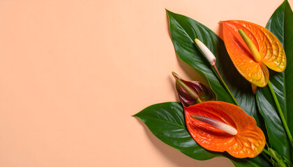 Artistic arrangement of vibrant tropical flowers and lush green leaves on a neutral background, perfect for decorative and elegant designs