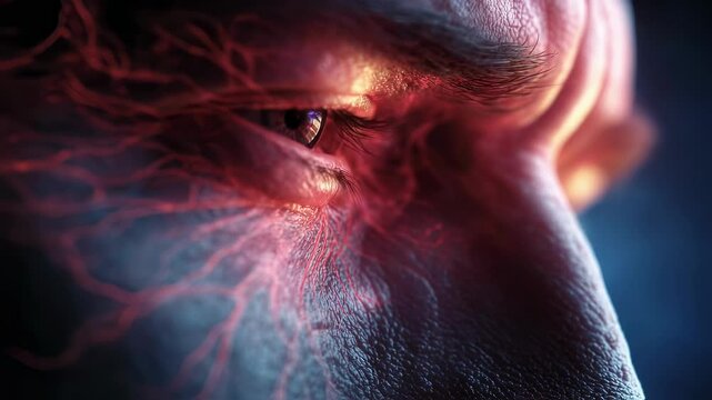Red glowing blood vessels are visible under the skin around a man's eye, illustrating the effects of retinal stress and nerve damage caused by excessive sun exposure