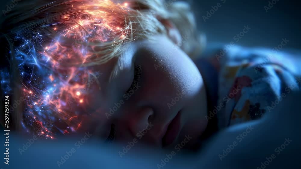 Poster neural network visualization showing sleeping toddler's brain activity, glowing synapses illuminatin