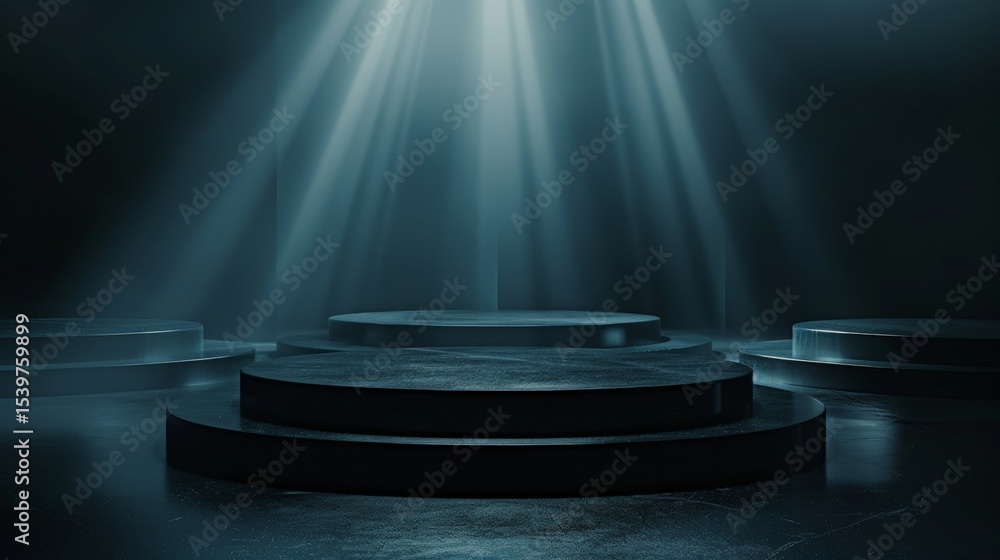 Aufkleber dark moody stage setting product display circular platforms spotlight rays