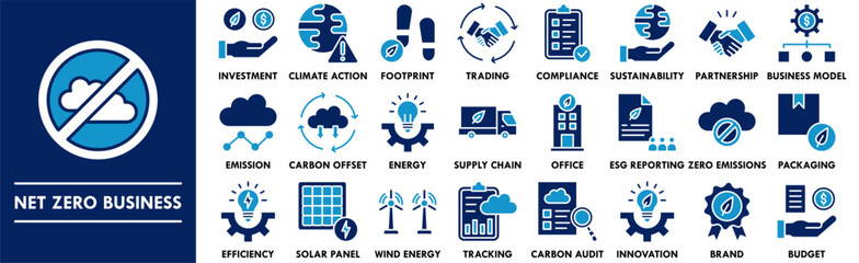 Net Zero Business icon collection set. Containing design green, environment, business, eco, carbon