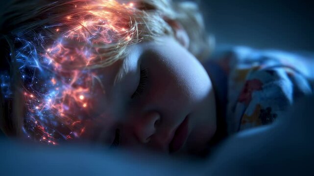 Neural network visualization showing sleeping toddler's brain activity, glowing synapses illuminating interconnected neural pathways during rem sleep or feverish dreaming state