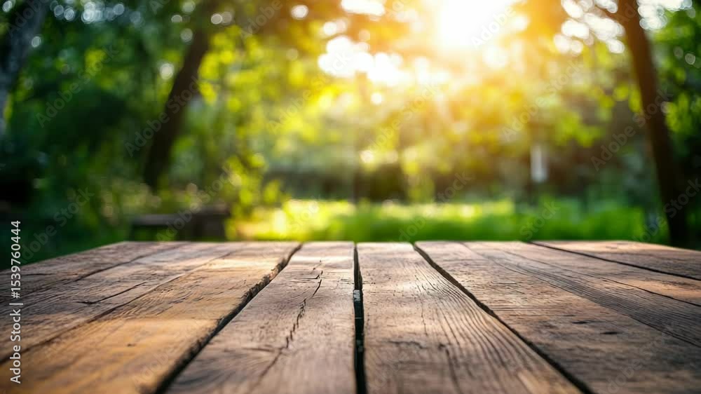 Poster a wooden table standing alone in the midst of a dense forest, surrounded by trees and foliage
