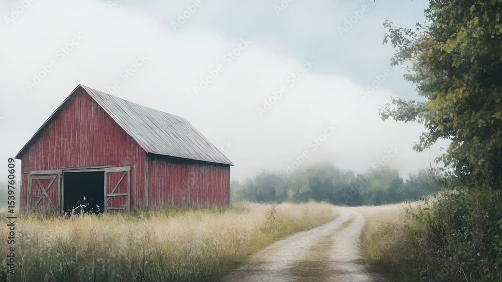 Poster A rustic red barn stands in a green field with some trees in the background