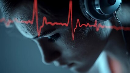 Young woman wearing headphones listening to music with a red electrocardiogram beat projected on her forehead, visualizing her increased focus and concentration